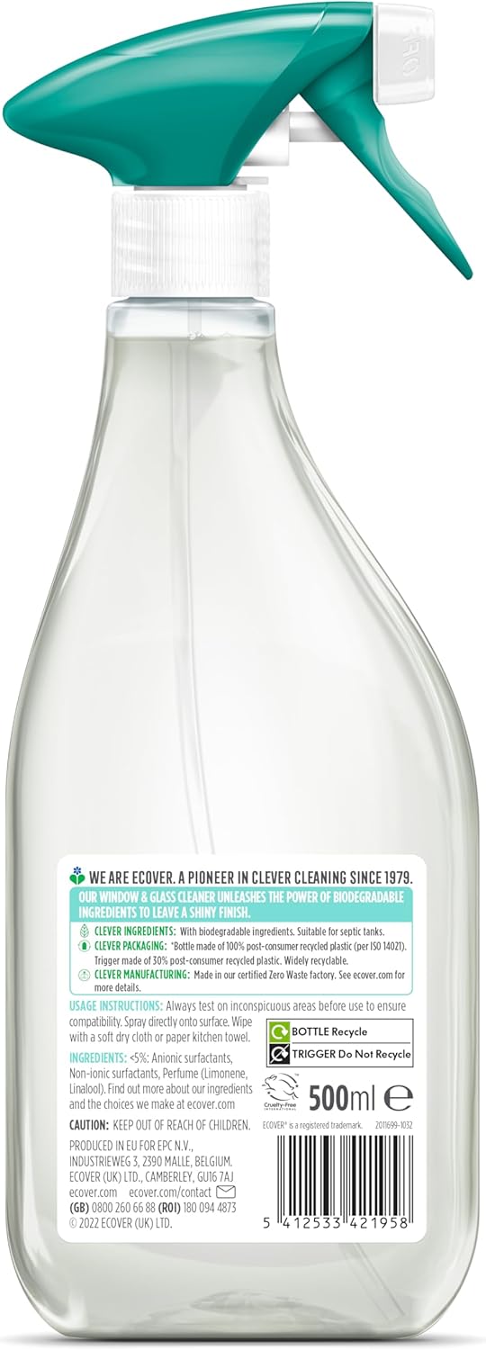 Ecover Glass Cleaner Spray 500ml, Window and Stainless Steel Cleaner Green Tea Grapefruit